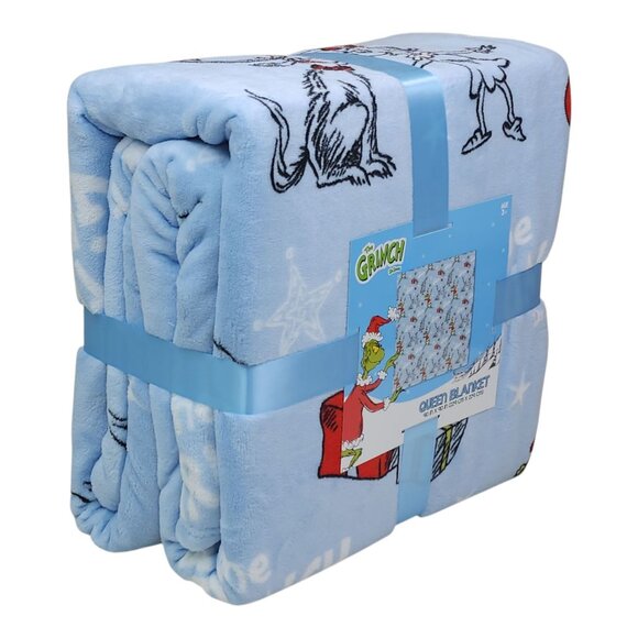Dr Seuss The Grinch Queen Plush Blanket 90" x 90" Blue Christmas Holiday Cozy - Picture 9 of 9
